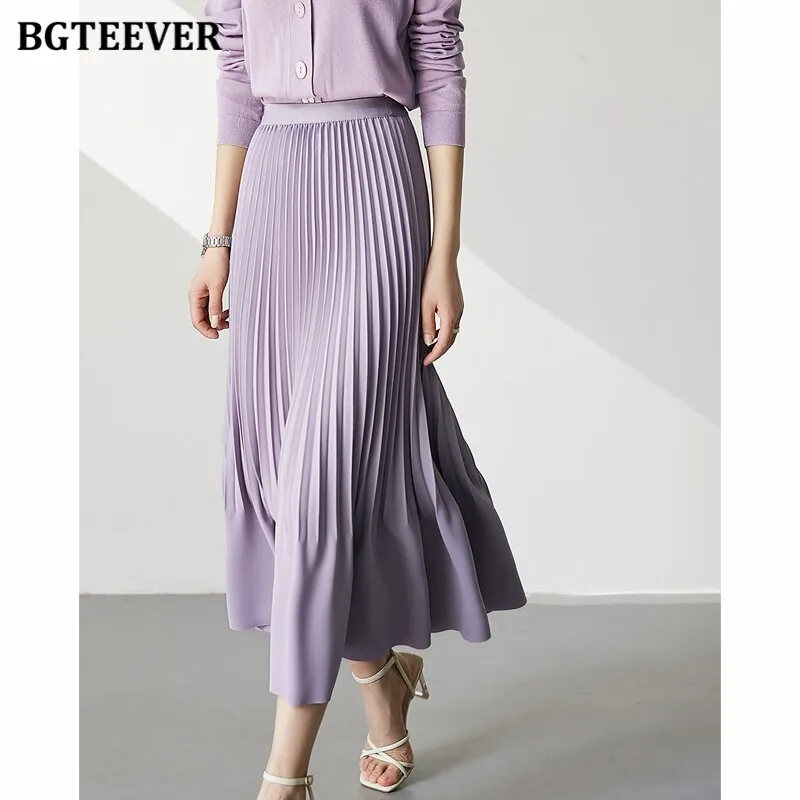 BGTEEVER Stylish High Waist Female Pleated Skirts Spring Summer Loose Women Midi Skirts Elegant Ladies A-line Skirts