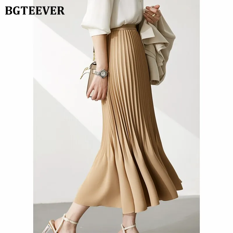 BGTEEVER Stylish High Waist Female Pleated Skirts Spring Summer Loose Women Midi Skirts Elegant Ladies A-line Skirts