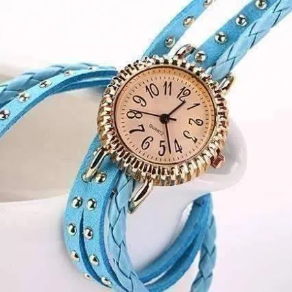 Bohemian Leather Wrap Bracelet Watch in Sky Blue