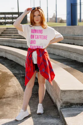 CAFFIENE AND BASEBALL IN PINK VINTAGE BOYFRIEND TEE