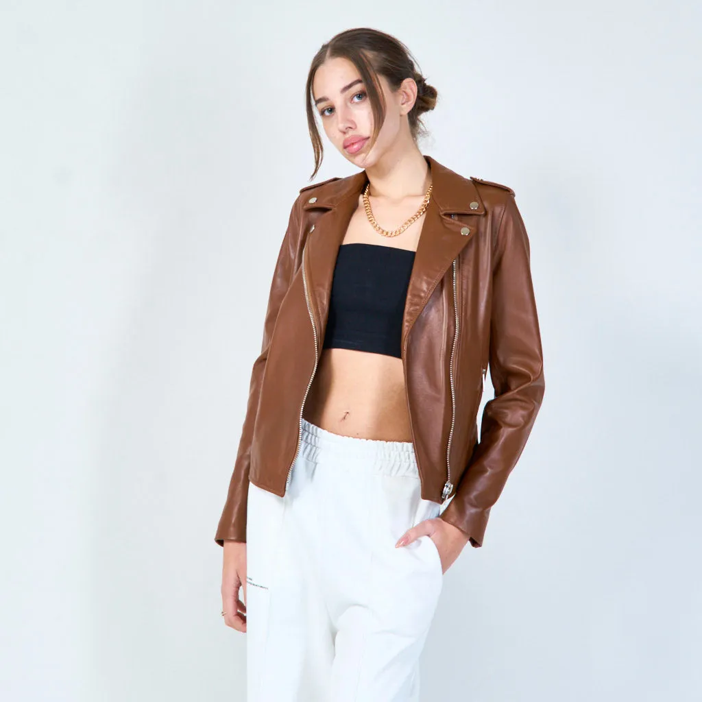 Classic moto leather jacket with zip details wholesale