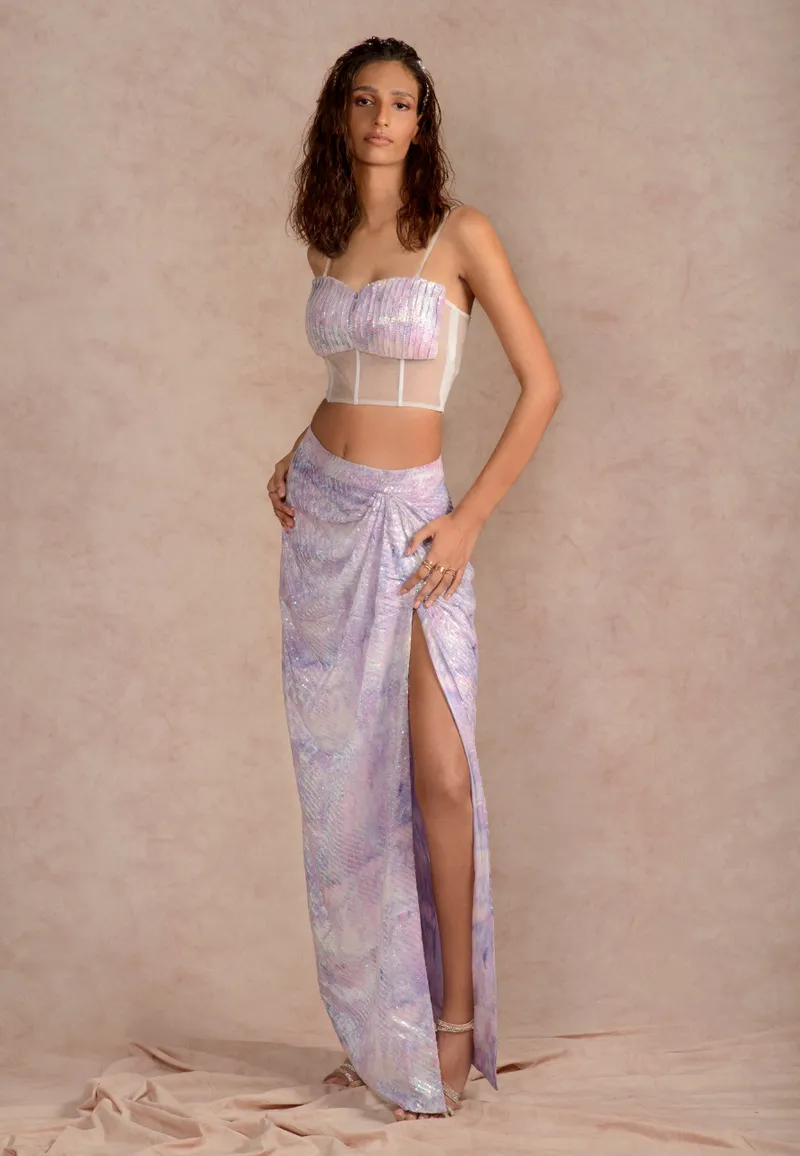 Draped embellished maxi skirt in purple