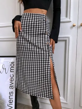 Elegant Houndstooth Split Thigh High Waist Long Women Skirt