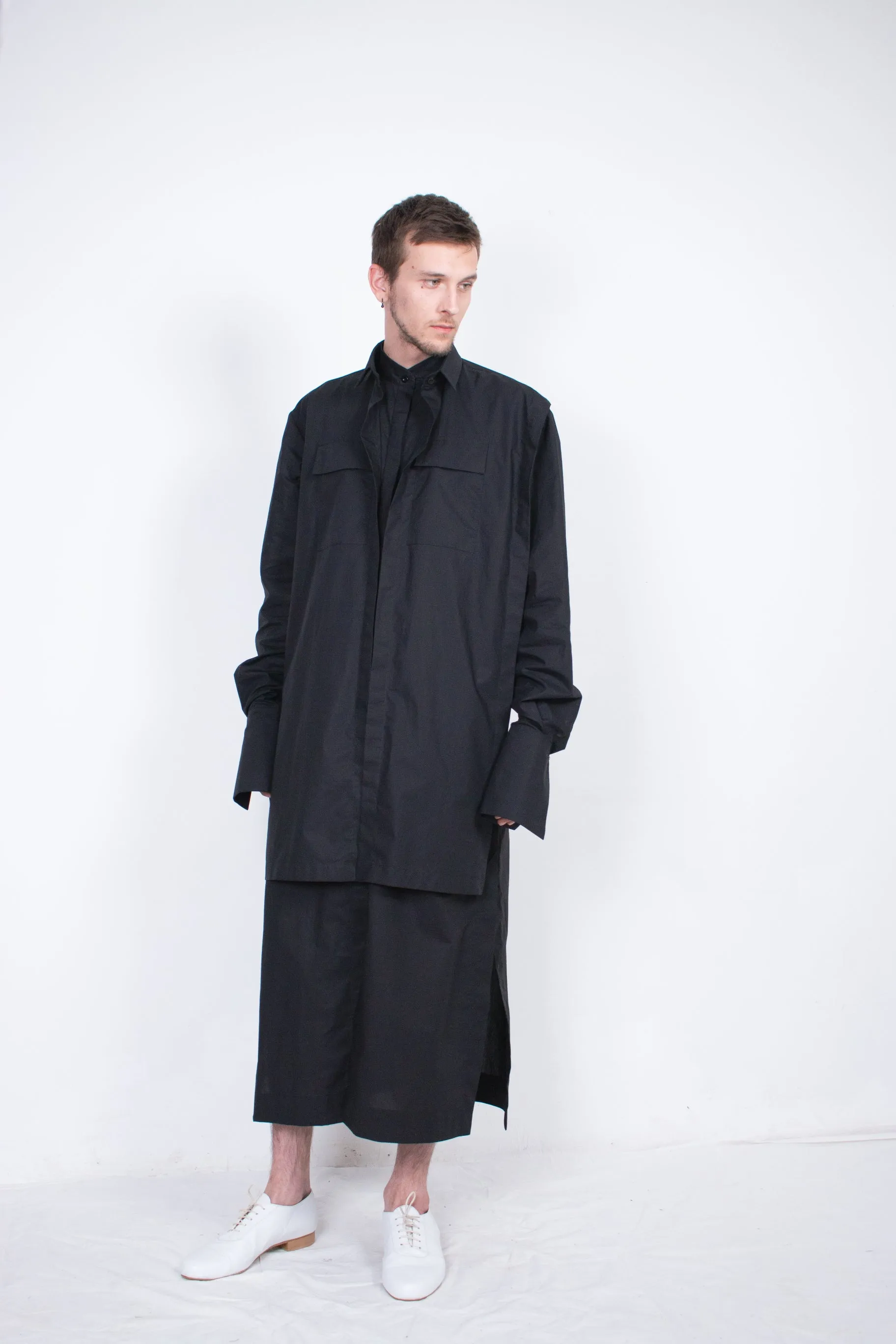 Elongated Black Layered Cotton Shirt