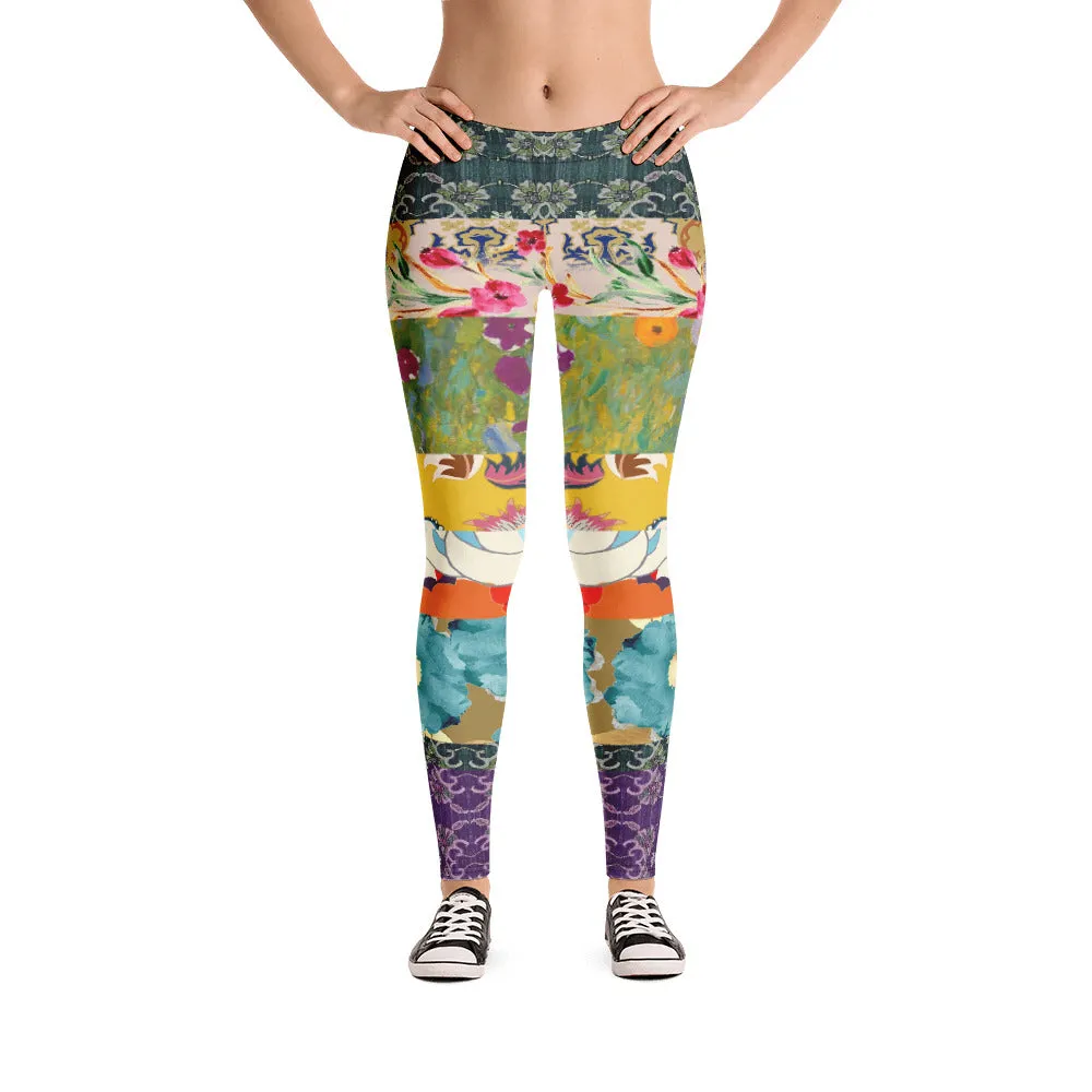 Floral Flapper Girl Patchwork Print Leggings