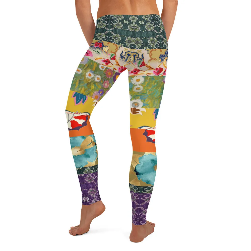 Floral Flapper Girl Patchwork Print Leggings