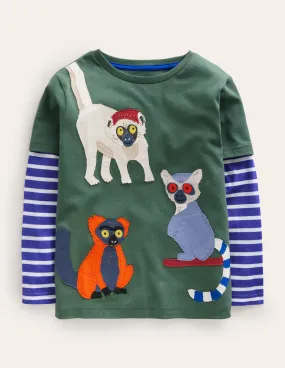 Funny Applique T-shirt-Monster Green Lemurs