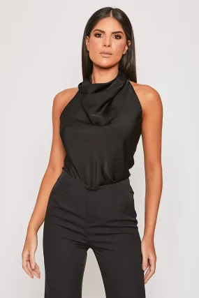 Imogen - Black Satin Cowl Neck Backless Halter Top