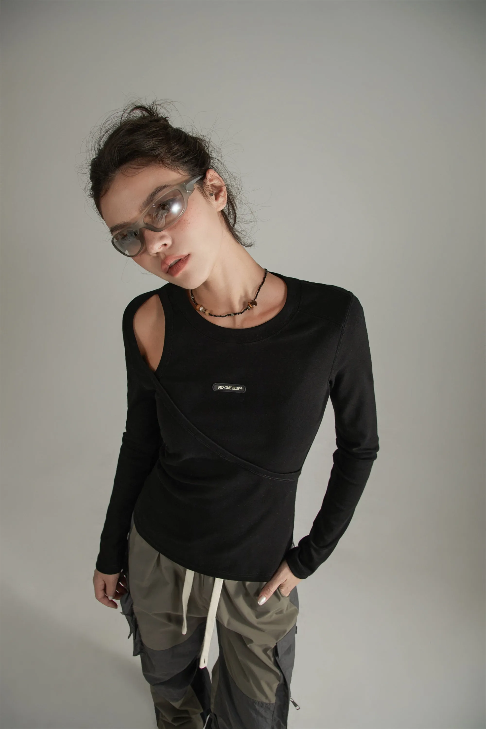 Layered Open Shoulder Simple T-Shirt