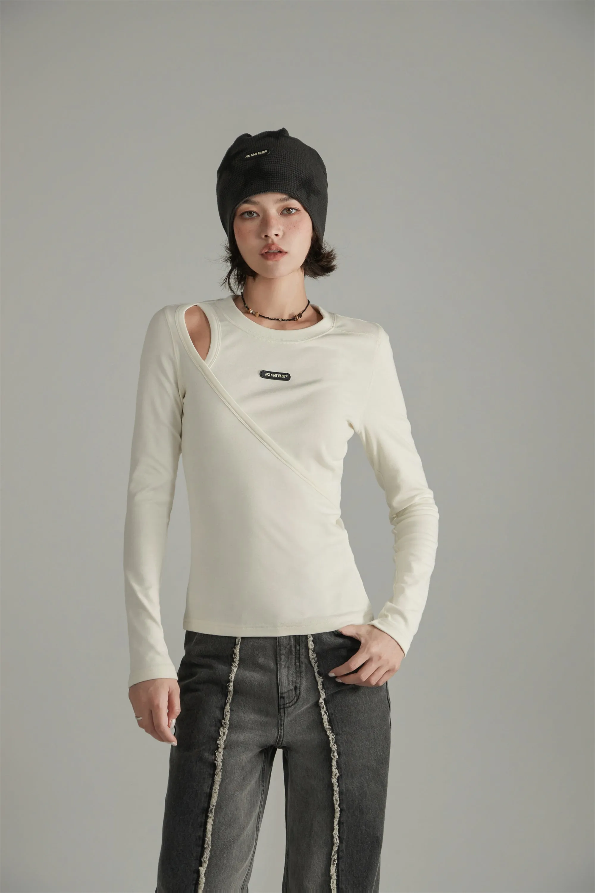 Layered Open Shoulder Simple T-Shirt