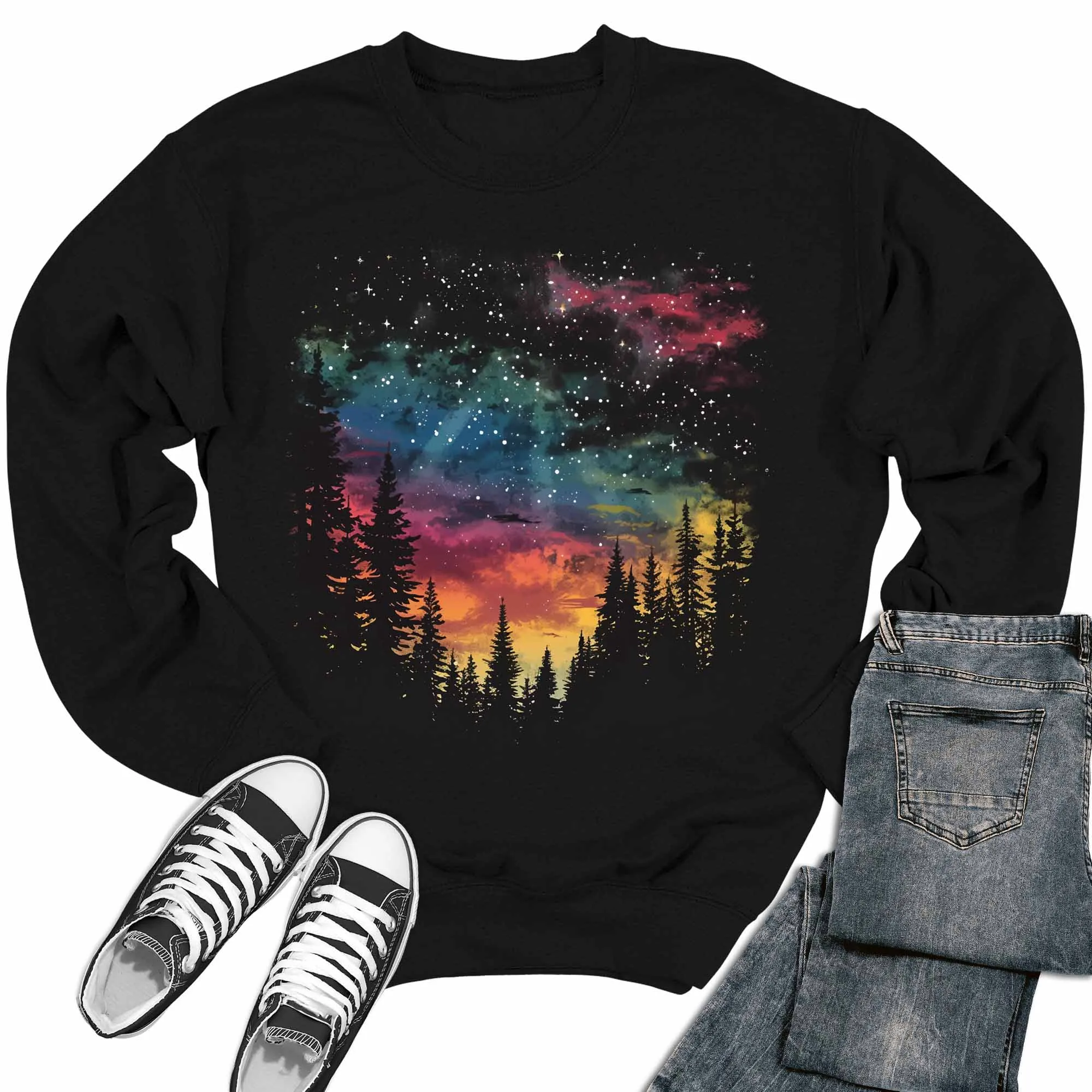 Northern Lights Night Sky Hiking Camping Crewneck Sweatshirt