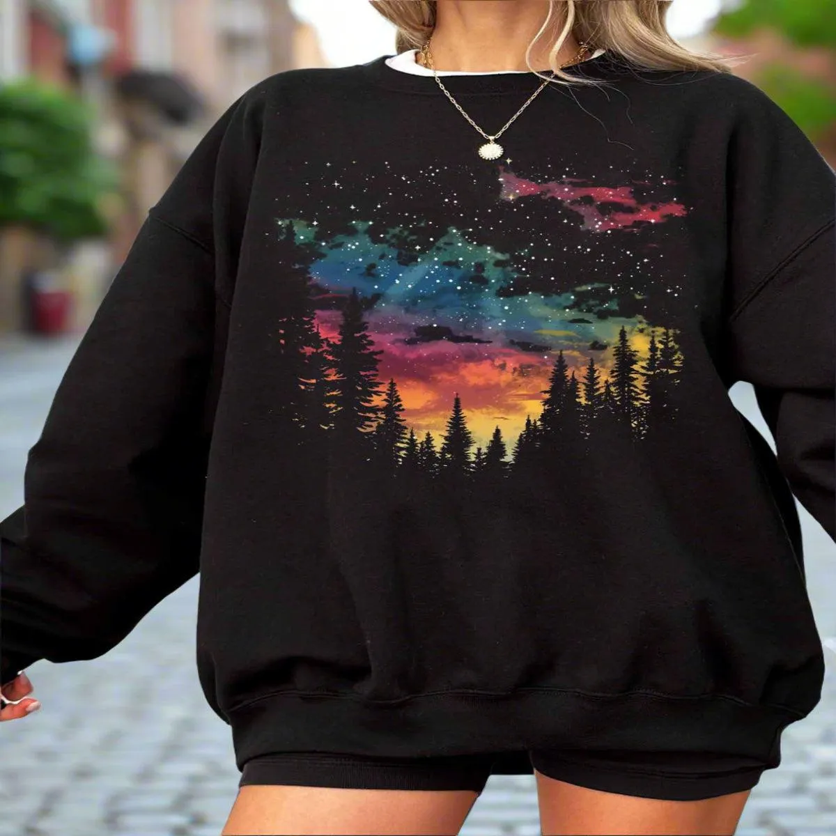 Northern Lights Night Sky Hiking Camping Crewneck Sweatshirt