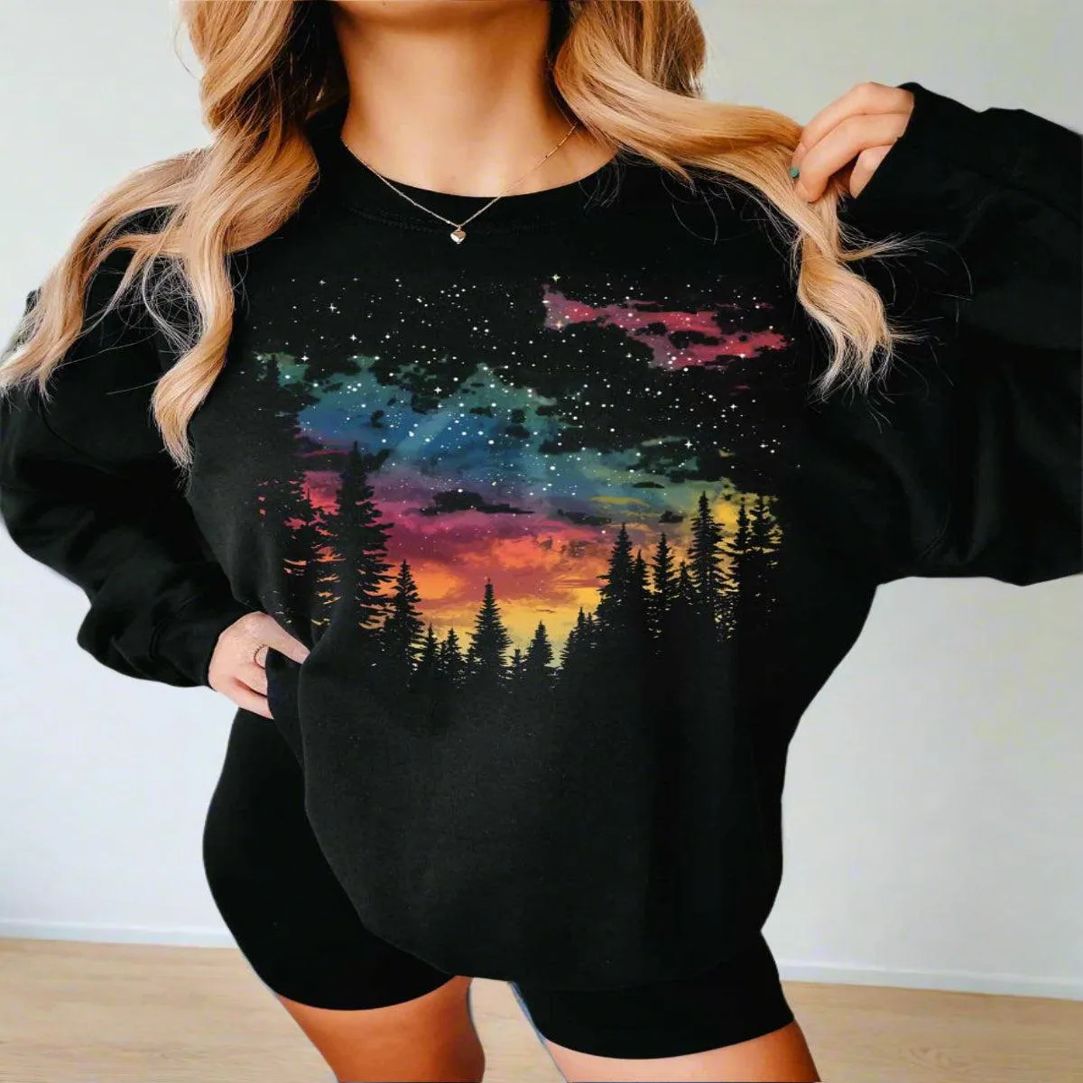 Northern Lights Night Sky Hiking Camping Crewneck Sweatshirt