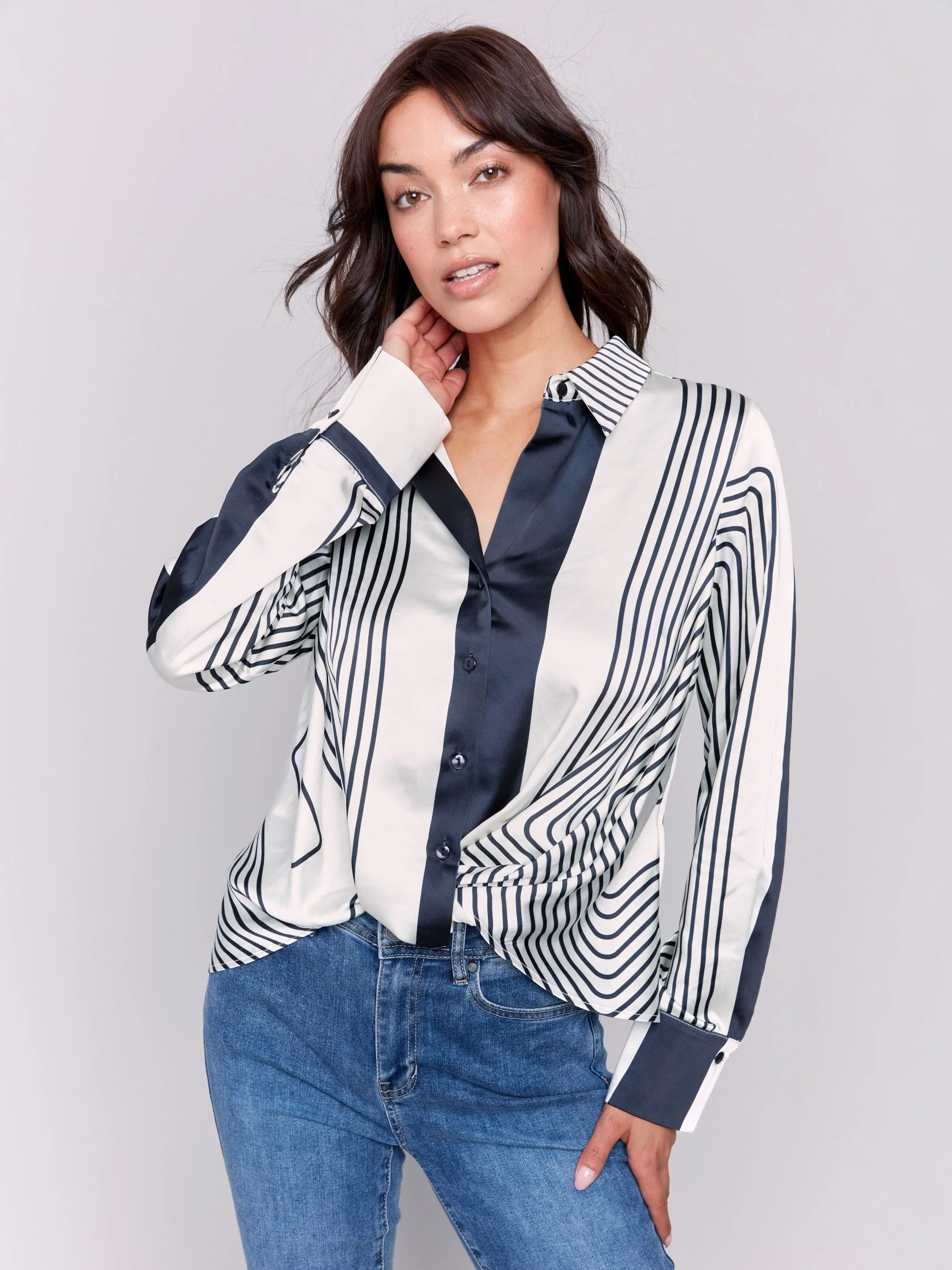 Printed Satin Shirt with Front Twist Detail - Retro