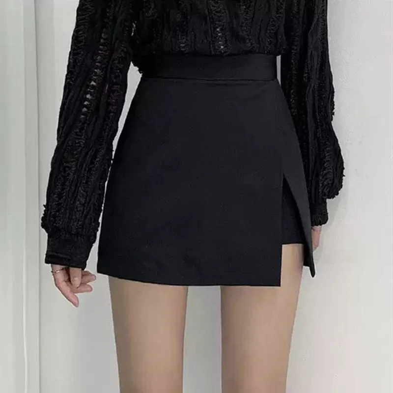 Purpdrank - Irregular Women Shorts Skirts Summer New High Waist Wide Leg Slit Chic Shorts Office Lady Black Short Pants Gothic