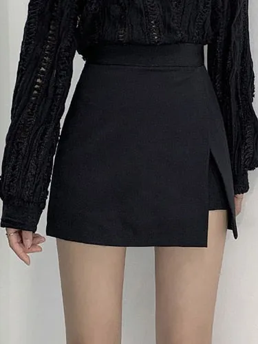 Purpdrank - Irregular Women Shorts Skirts Summer New High Waist Wide Leg Slit Chic Shorts Office Lady Black Short Pants Gothic