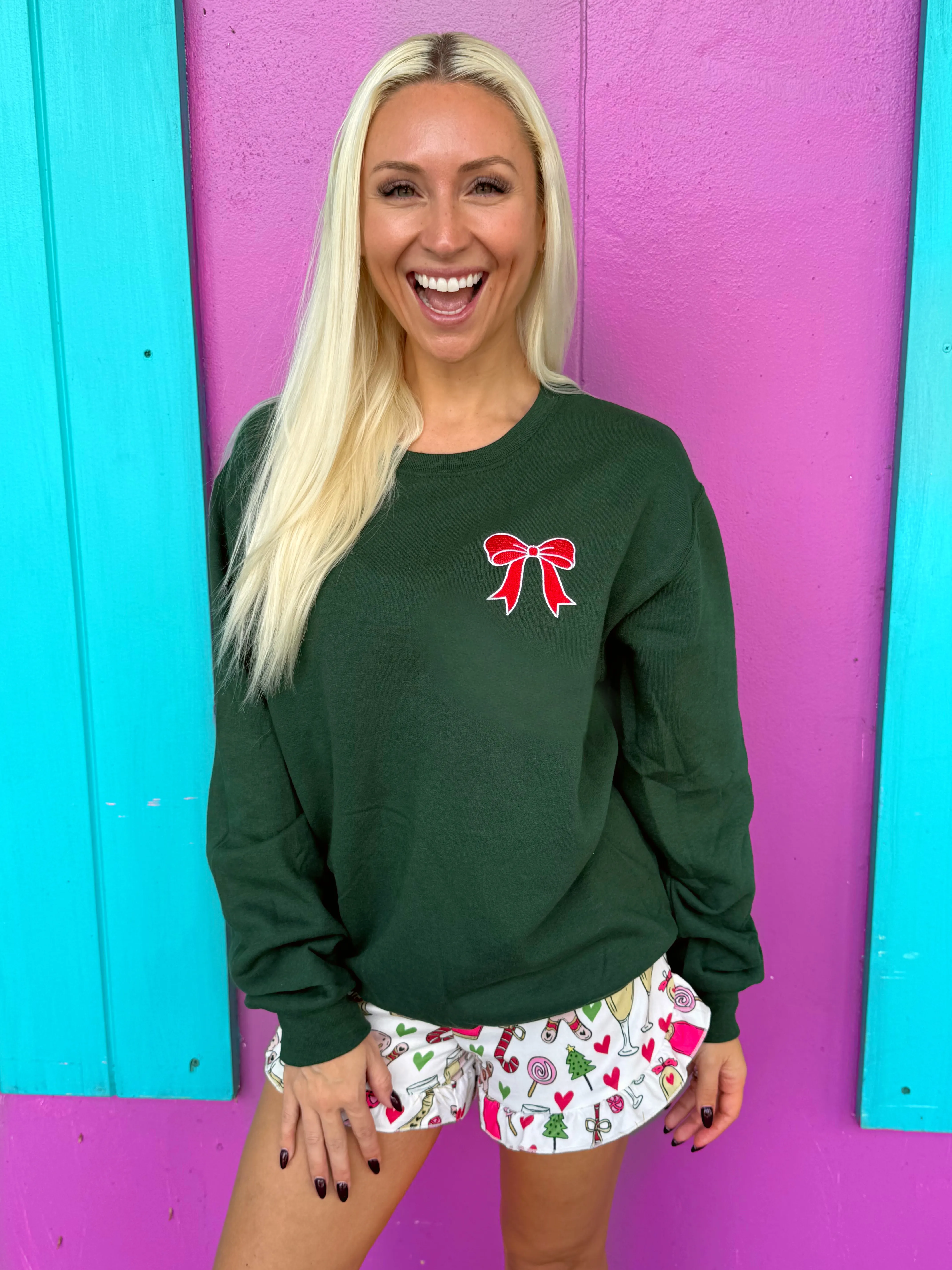 Red & Green Embroidered Bow Sweatshirt