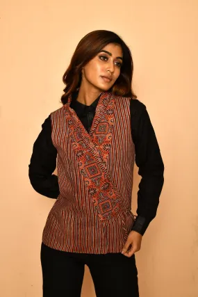 Red Cotton Ajrakh Printed Shwal Blazer