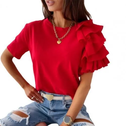 SANDWOOD Sassy Layered Ruffle Short Sleeve Asymmetric Shirt