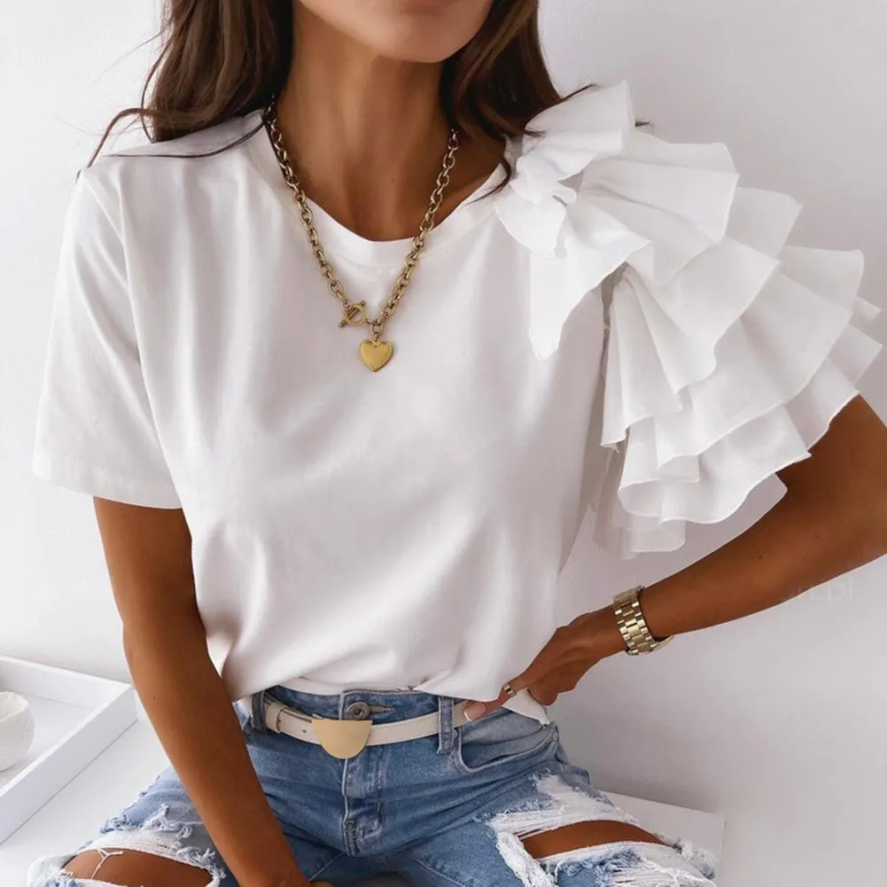 SANDWOOD Sassy Layered Ruffle Short Sleeve Asymmetric Shirt