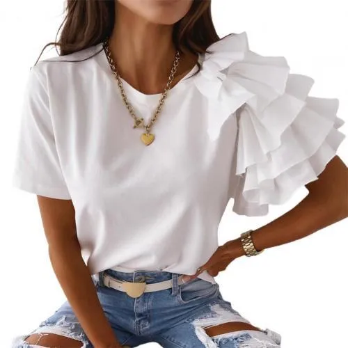 SANDWOOD Sassy Layered Ruffle Short Sleeve Asymmetric Shirt