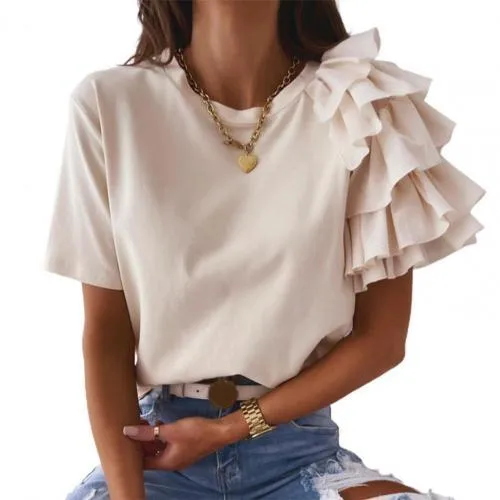 SANDWOOD Sassy Layered Ruffle Short Sleeve Asymmetric Shirt