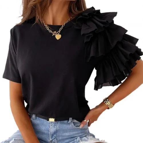 SANDWOOD Sassy Layered Ruffle Short Sleeve Asymmetric Shirt