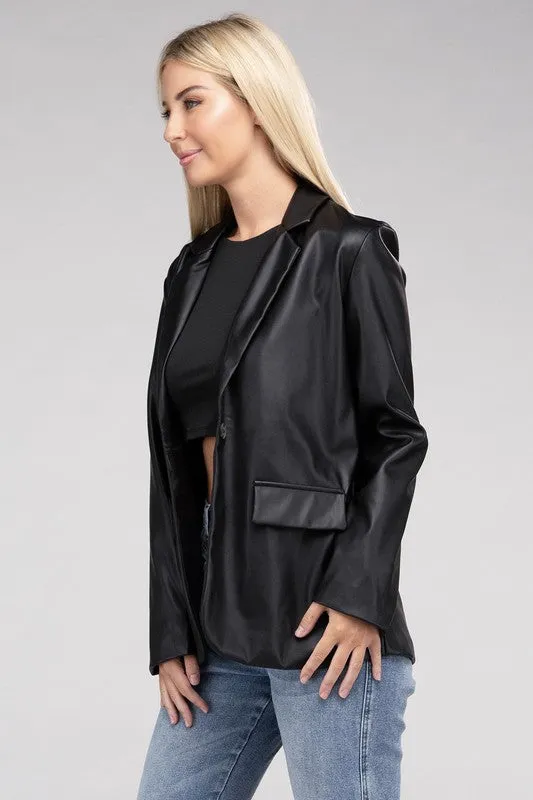 Sleek Pu Leather Blazer with Front Closure