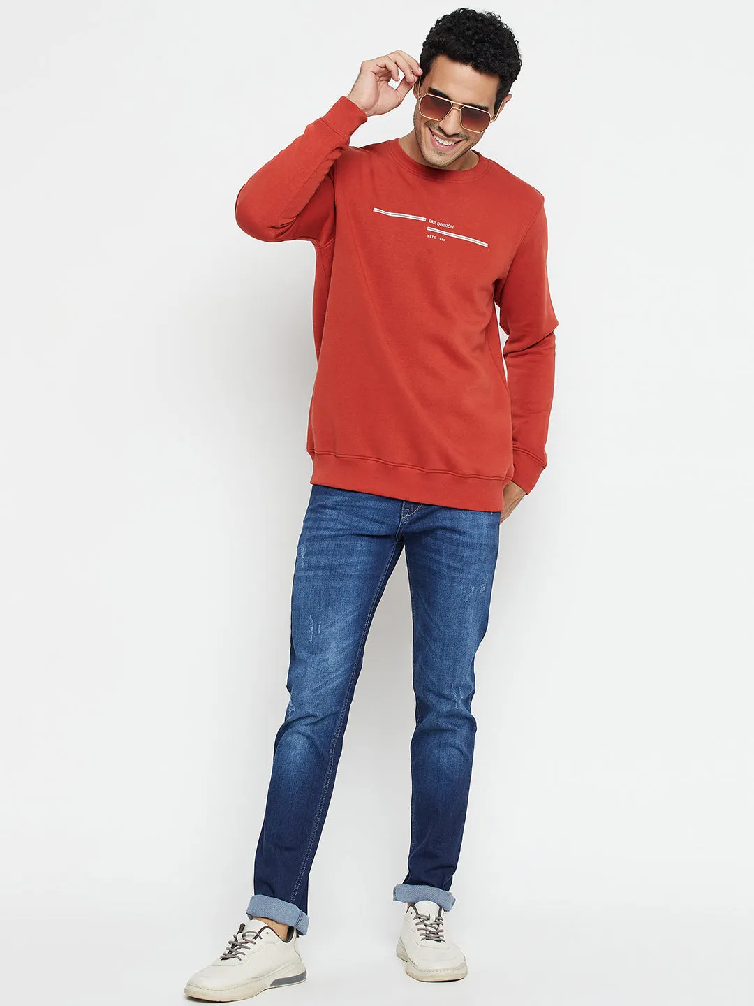 Solid Rust Full Sleeves Round Neck Regular Fit Casual Sweatshirt for Men