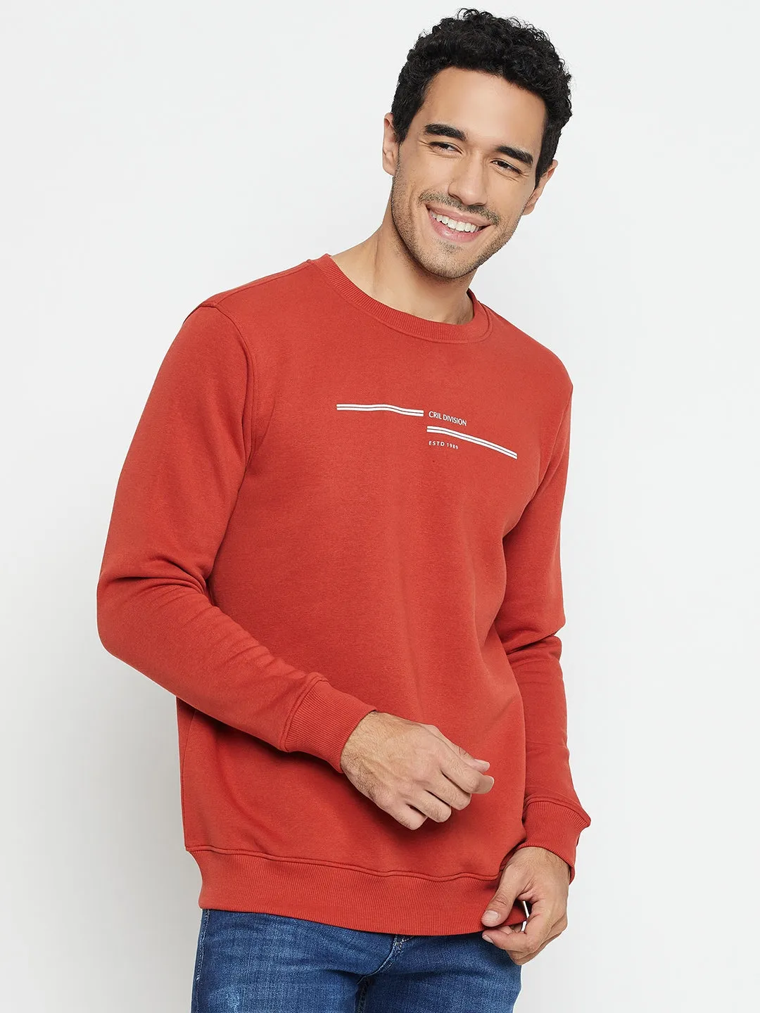 Solid Rust Full Sleeves Round Neck Regular Fit Casual Sweatshirt for Men