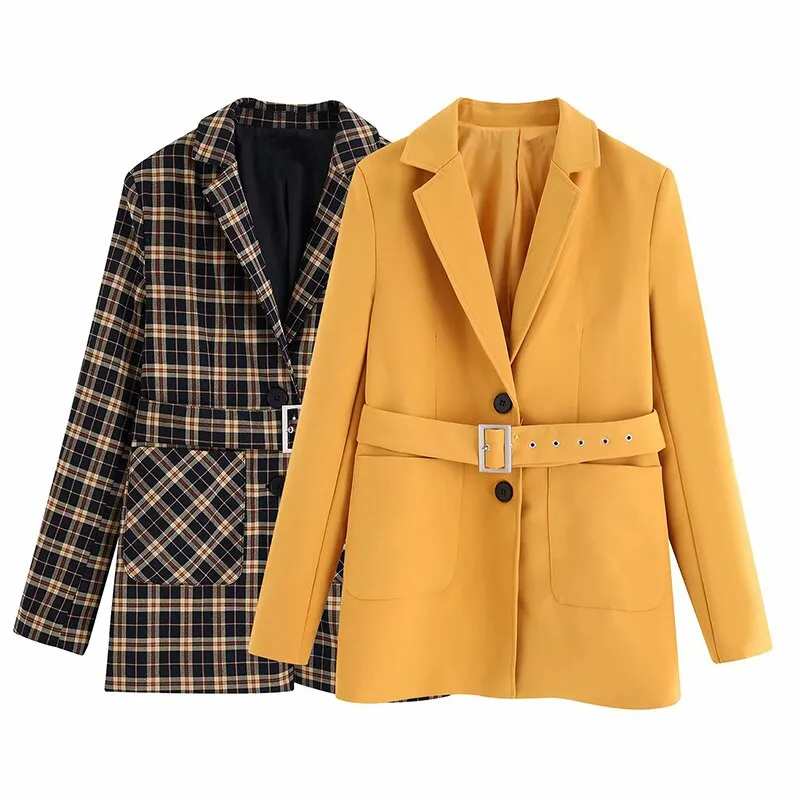 Vintage Women Plaid Blazers Suit Sashes Pockets