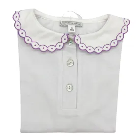 White Cotton Shirt with Embroidered Collar - Lavender