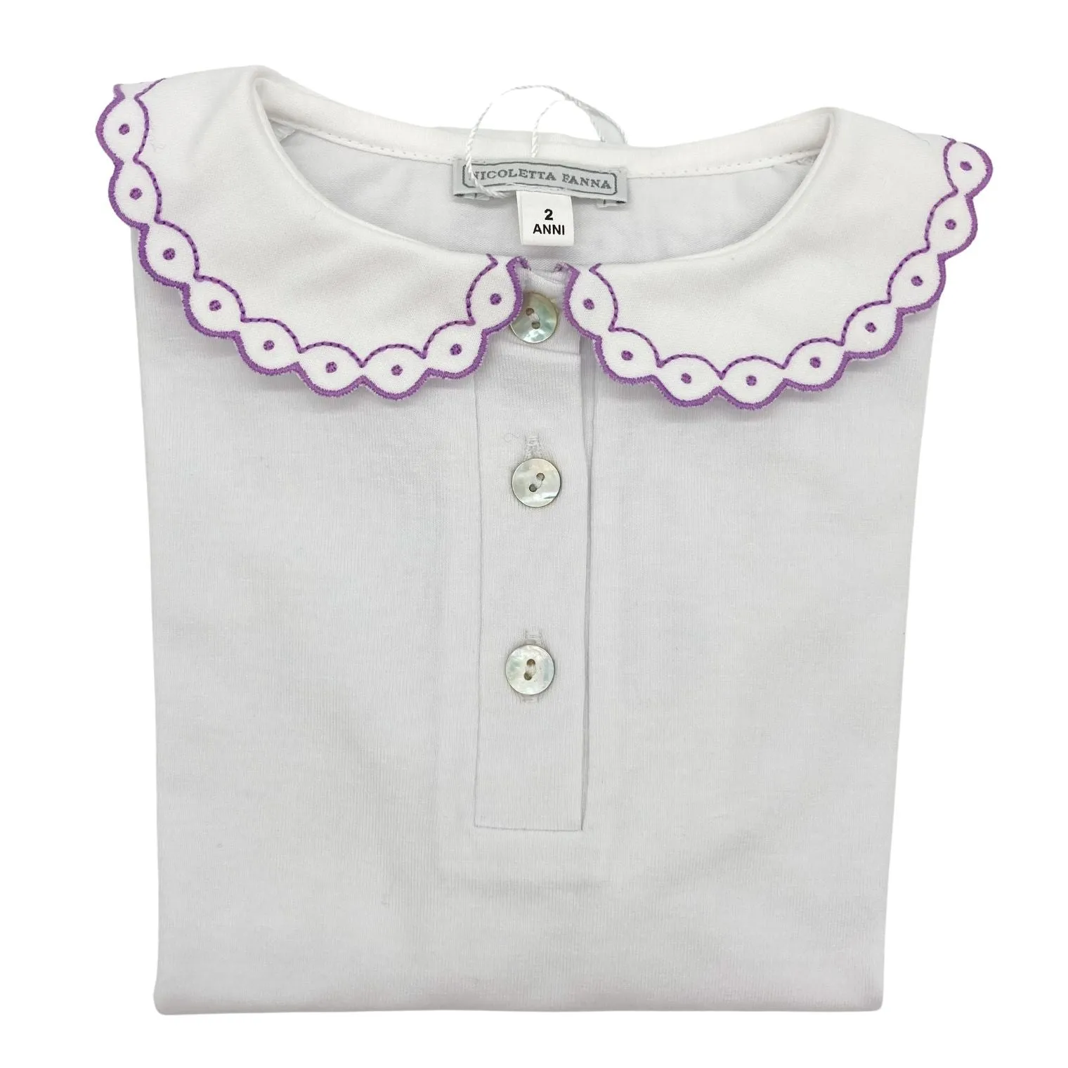 White Cotton Shirt with Embroidered Collar - Lavender