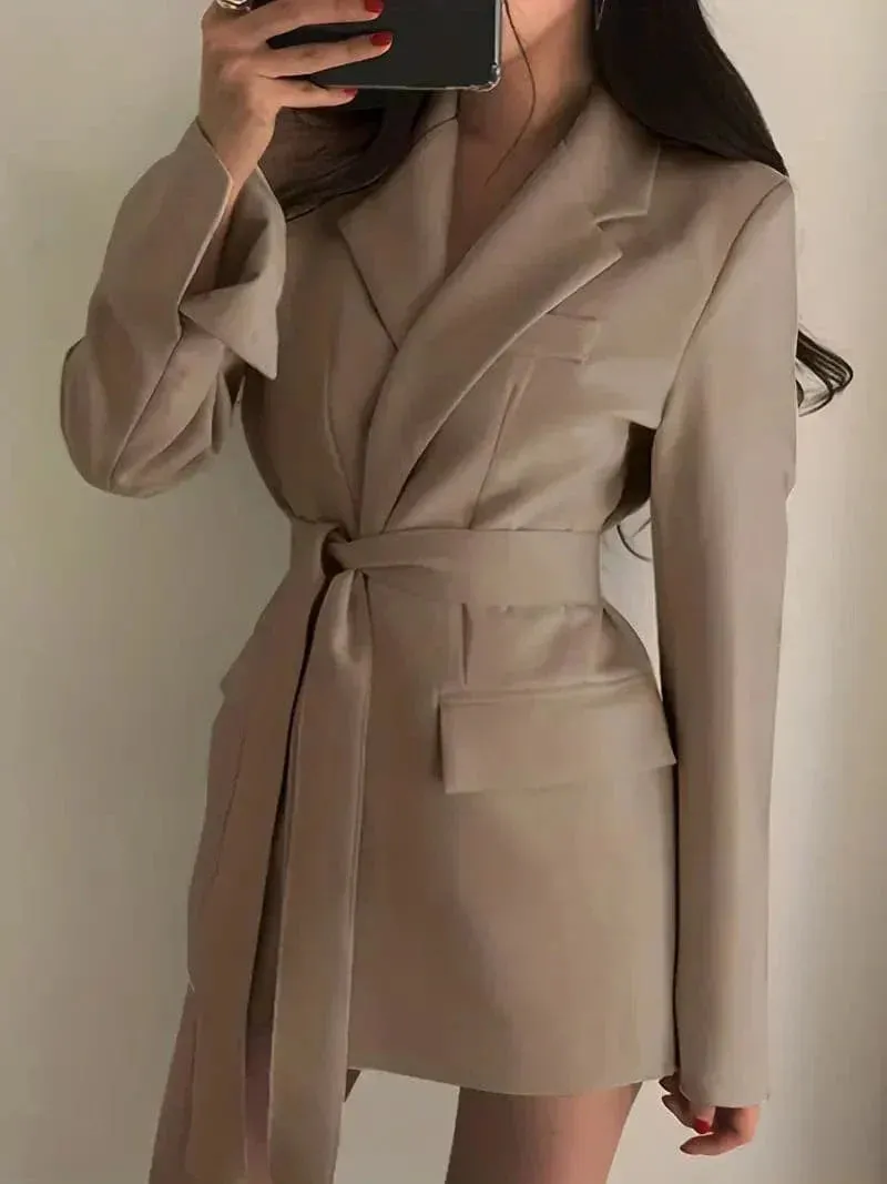 Women's Casual Pocket Blazer Dress with Long Belt | Perfect for All Seasons