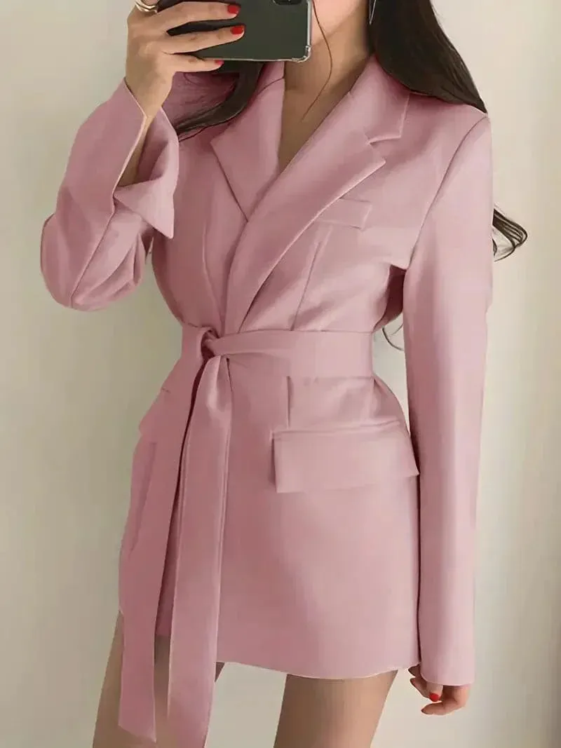 Women's Casual Pocket Blazer Dress with Long Belt | Perfect for All Seasons