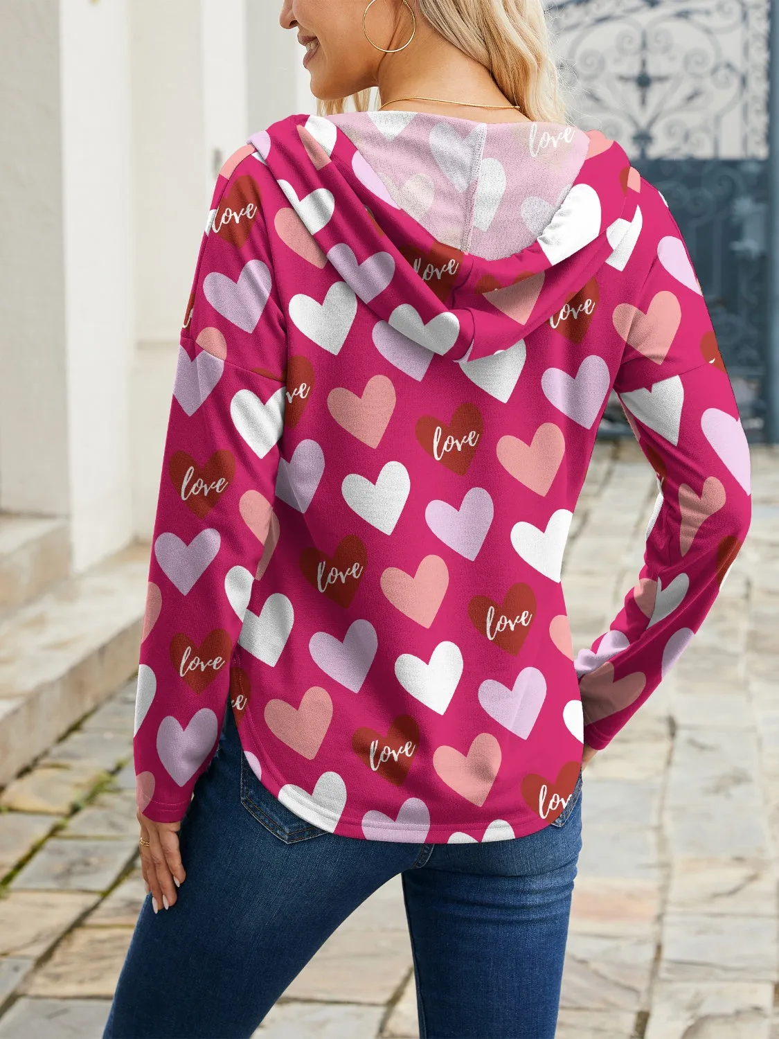 Women's Cozy Heart Print Drawstring Hoodie