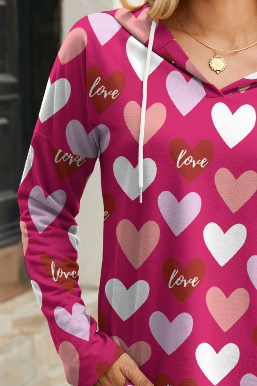 Women's Cozy Heart Print Drawstring Hoodie