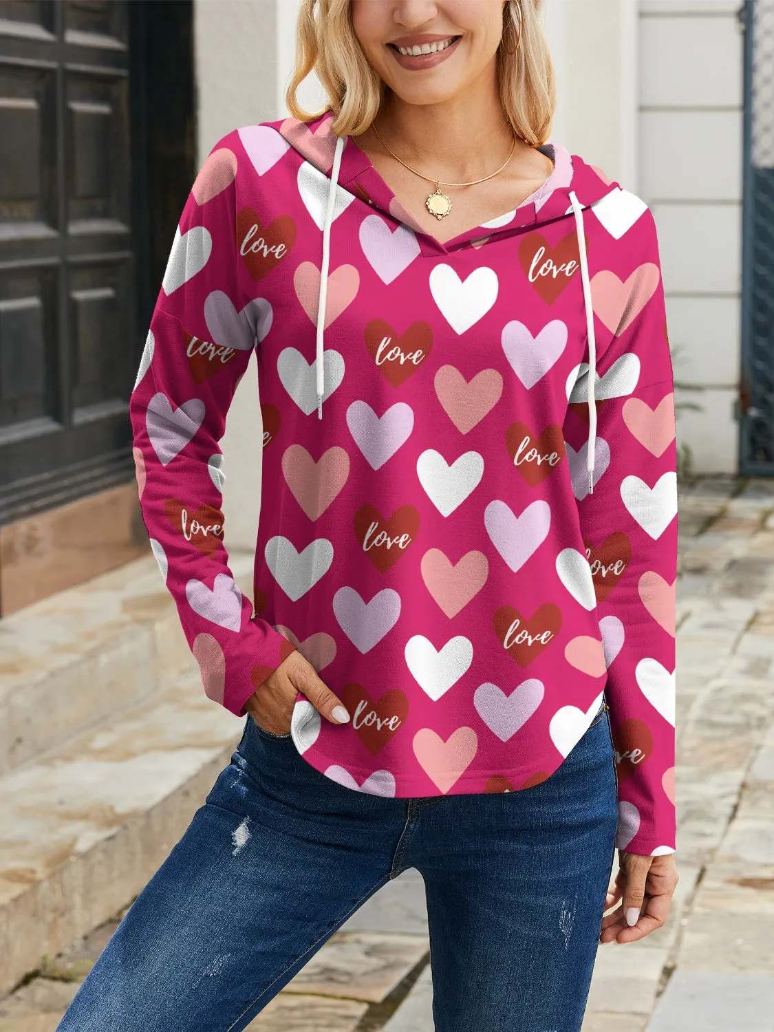 Women's Cozy Heart Print Drawstring Hoodie