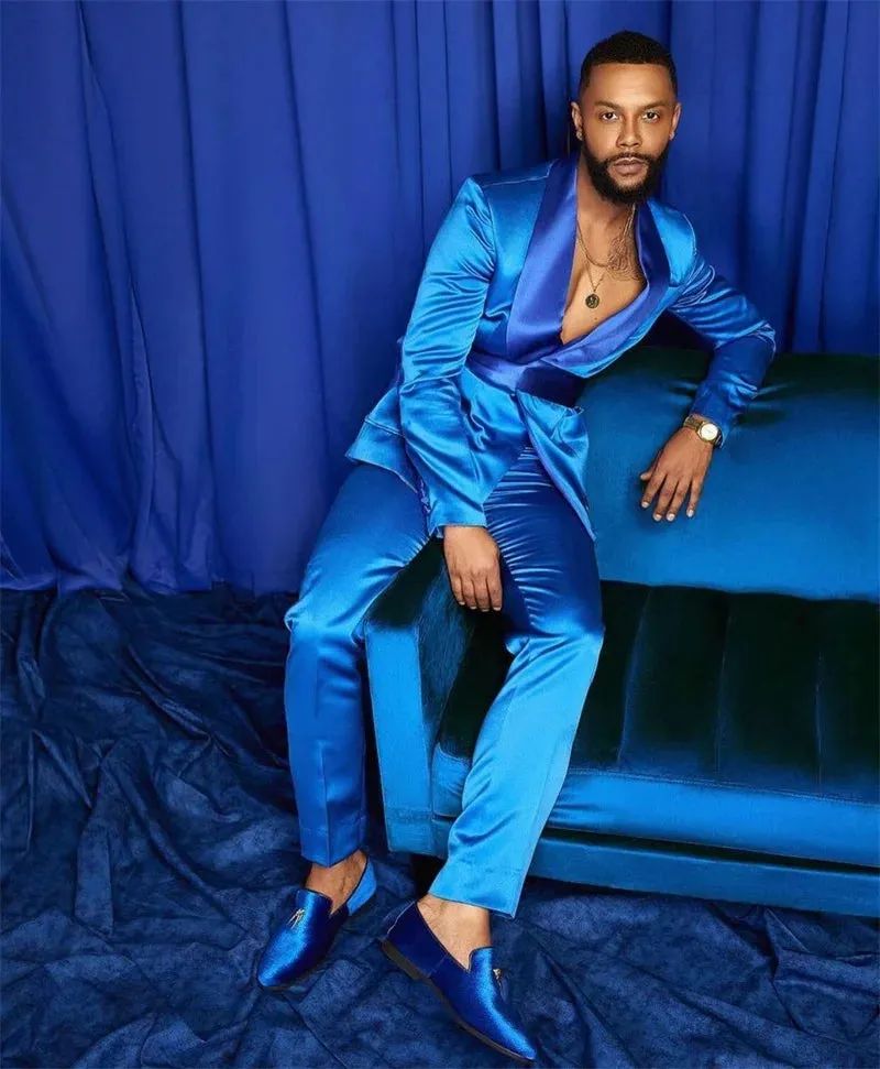 xiangtuibao New Fashion Italian Suits for Men Satin Slim Fit Royal Blue Shiny Groom Prom Wedding Chic Suit 2 Pcs Male Blazer with Pants